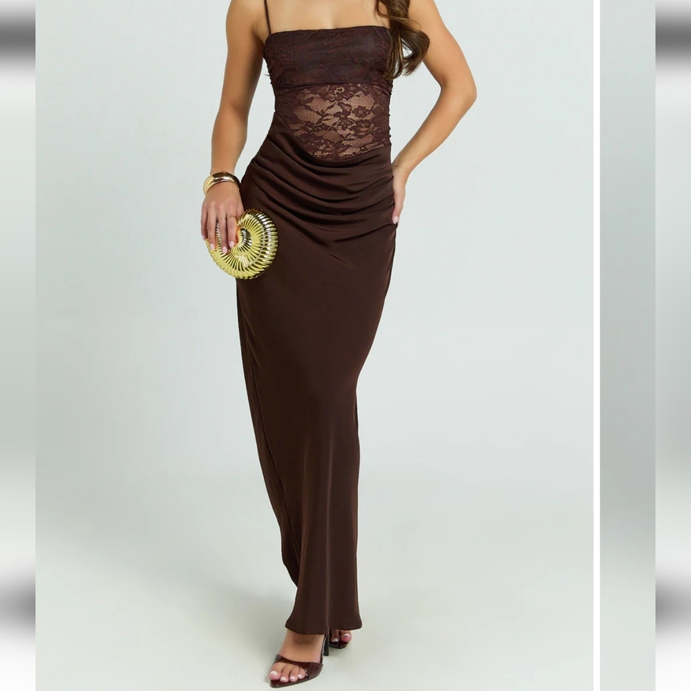 Brown Lace Satin Maxi Dress